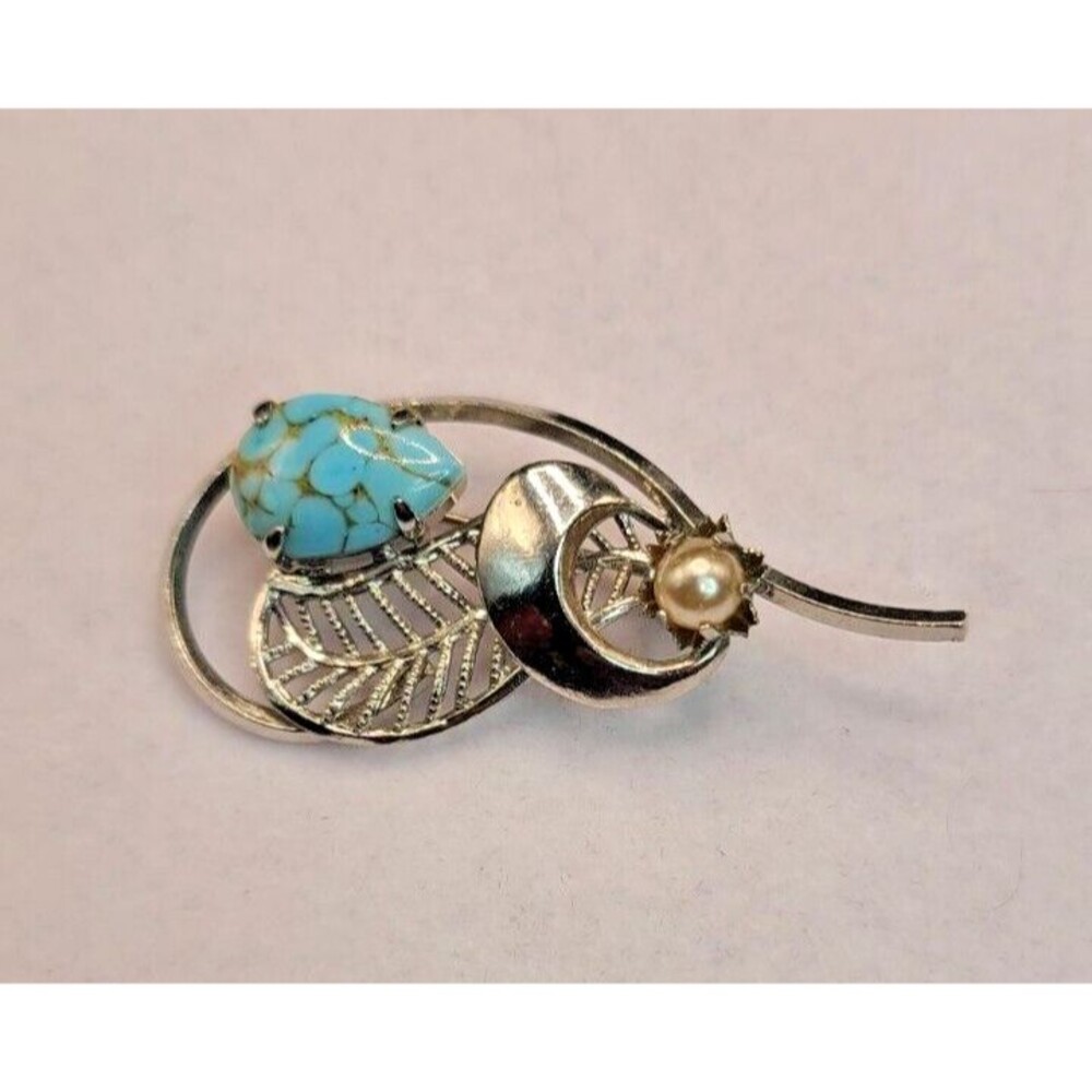 West German Silver Tone Brooch/Pin W/Faux Turquoise & Pearl 2" Long Vintage